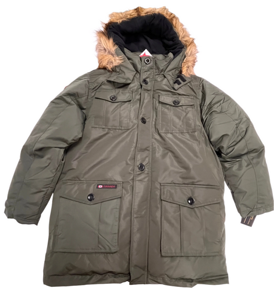 Abrigo con capucha de piel sintética verde para hombre de Canada Weather Gear.