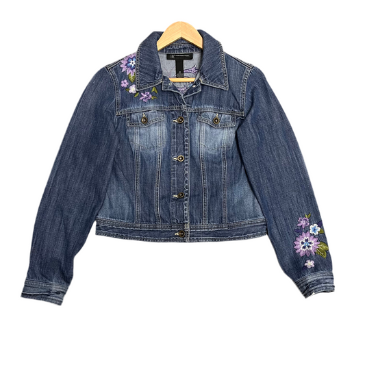 INC International Concepts Women's Floral Embroidered Denim Blue Jacket