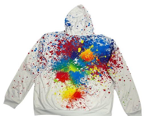 Men's White Multi-Color Paint Pattern Pull Over Hoodie.