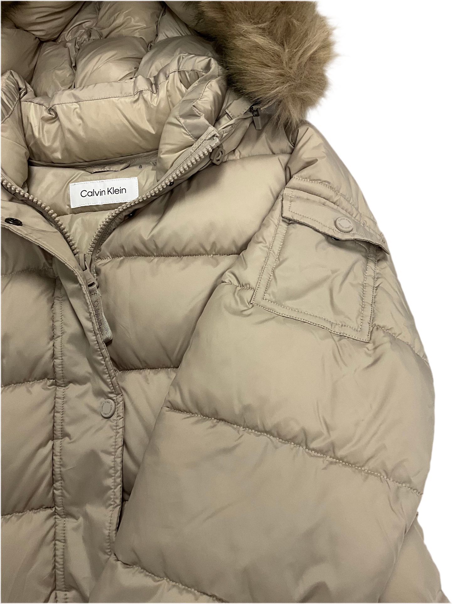 Manteau long à capuche avec bordure en fausse fourrure pour femme Calvin Klein